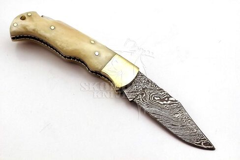 Skokie Knives Custom Hand Made Damascus Steel Hunting Folding Knife Handle Camel Bone in Saudi Arabia