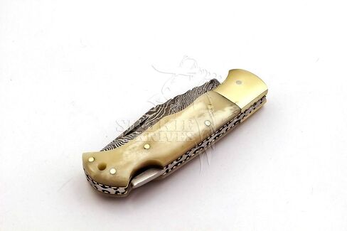Skokie Knives Custom Hand Made Damascus Steel Hunting Folding Knife Handle Camel Bone in Saudi Arabia
