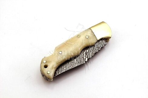 Skokie Knives Custom Hand Made Damascus Steel Hunting Folding Knife Handle Camel Bone in Saudi Arabia