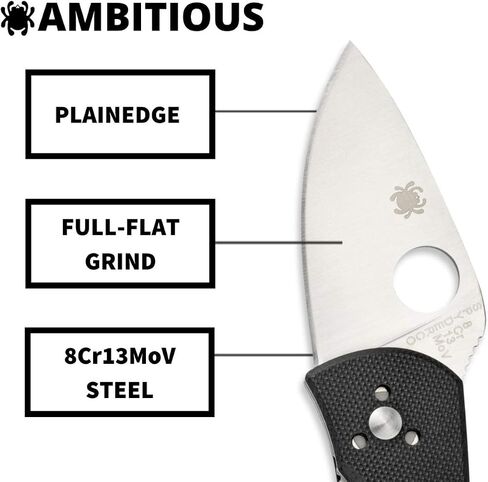 Spyderco Ambitious Folding Pocket Knife, PlainEdge | 5.87" Overall Length, 2.31" 8Cr13MoV Steel Blade, G-10 Handle, LinerLock, Full-Flat Grind in Saudi Arabia