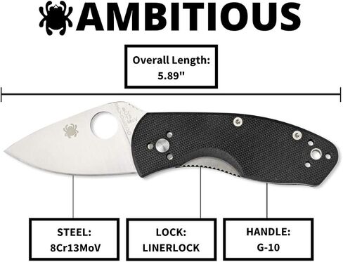 Spyderco Ambitious Folding Pocket Knife, PlainEdge | 5.87" Overall Length, 2.31" 8Cr13MoV Steel Blade, G-10 Handle, LinerLock, Full-Flat Grind in Saudi Arabia