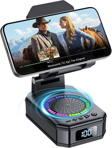 Gifts for Men Women, Cell Phone Stand with Wireless Bluetooth Speaker and Colorful LED Lights, 4-in-1 Multifunctional Phone Holder Support Fast Charging, Adjustable Desktop Stand, Best Gifts in Saudi Arabia