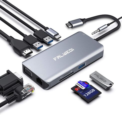 USB C Hub, Type C Adapter, FALWEDI 10-in-1 Dongle with Ethernet, 4K@30Hz HDMI, VGA, 3 USB3.0, SD/TF Card Reader, Mic/Audio, USB-C PD 3.0, Compatible for MacBook Air Pro and Other Type C Laptops in Kuwait