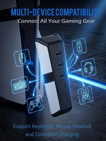 USB Hub for PS5 Pro Console, 5-Port USB Expansion Adapter with 3 USB 2.0 Ports and 2 Type-C Ports, Plug and Play USB Splitter for Controllers, Headsets, Keyboard, Mouse and Gaming Accessories in Kuwait