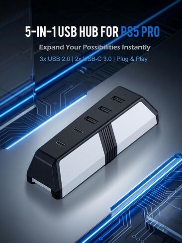 USB Hub for PS5 Pro Console, 5-Port USB Expansion Adapter with 3 USB 2.0 Ports and 2 Type-C Ports, Plug and Play USB Splitter for Controllers, Headsets, Keyboard, Mouse and Gaming Accessories in Kuwait