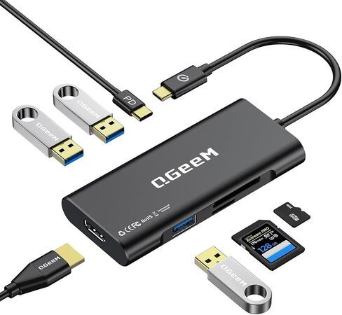 موزع USB C، محول QGeeM USB 4k إلى HDMI، دونجل 7 في 1 USB-C مع 100 وات PD، USB 3.0، قارئ بطاقات، متوافق مع MacBook iPhone 15/17 Ipad Pro max، Chromebook Laptop USB Type C Dock-أسود in Kuwait