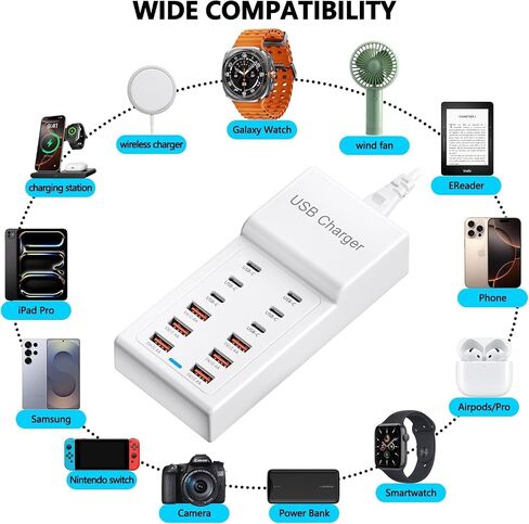 Multi USB C Charger, USB Charging Block Station, 50W 12 Port Multiple USB C Power Strip USB Hub Compatible with iPhone 17 Pro Max/16/15/14/13/12/11, iPad, Tablets, Samsung Galaxy S25/S24, Pixel in Kuwait