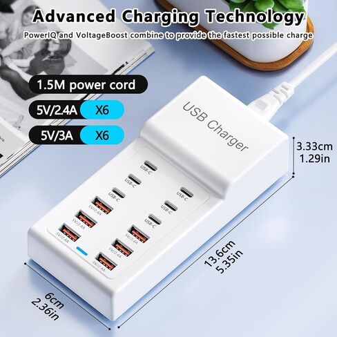 Multi USB C Charger, USB Charging Block Station, 50W 12 Port Multiple USB C Power Strip USB Hub Compatible with iPhone 17 Pro Max/16/15/14/13/12/11, iPad, Tablets, Samsung Galaxy S25/S24, Pixel in Kuwait