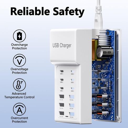 Multi USB C Charger, USB Charging Block Station, 50W 12 Port Multiple USB C Power Strip USB Hub Compatible with iPhone 17 Pro Max/16/15/14/13/12/11, iPad, Tablets, Samsung Galaxy S25/S24, Pixel in Kuwait