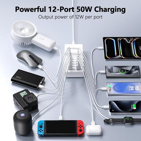 Multi USB C Charger, USB Charging Block Station, 50W 12 Port Multiple USB C Power Strip USB Hub Compatible with iPhone 17 Pro Max/16/15/14/13/12/11, iPad, Tablets, Samsung Galaxy S25/S24, Pixel in Kuwait