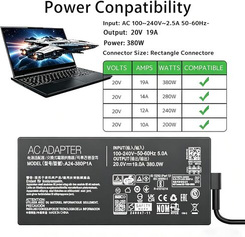 شاحن 380 وات 20 فولت 19 أمبير لأجهزة الكمبيوتر المحمول ASUS ROG Strix Scar G16 G18 ADP-380AB B in Kuwait
