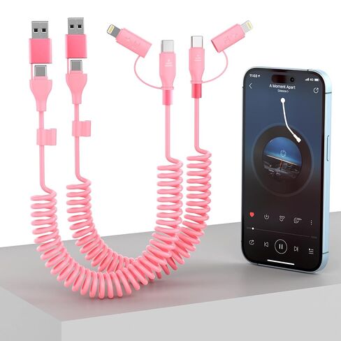2 Pack Apple Carplay Coiled Multi 4-in-1 USBA/Type C to USB-C/Lightning Cable for Carplay& Android Auto,Purple 60W Fast Charge & Data Sync Car Charger Cord for iPhone 15/14/13/12,Samsung,Android-MFi in Saudi Arabia