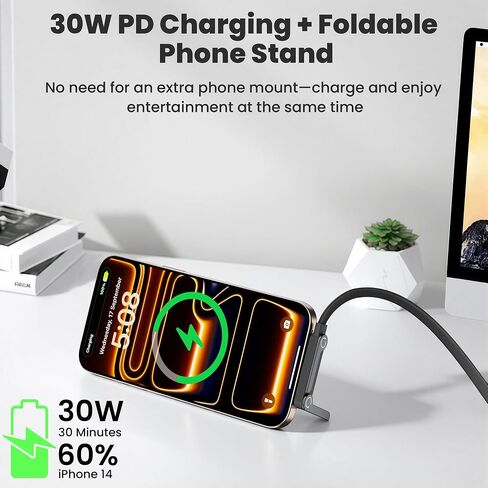 2 Pack USB C to Lightning Cable with Built-in Metal Phone Stand, PD 30W Invisible Holder Charger Cable, 90 Degree Braided Flat Lightning Charging Cable, Foldable Data Cable Standing for iPhone 14-5 in Saudi Arabia