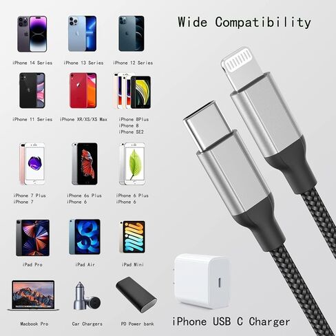 USB C to Lightning Cable 1ft, 2Pack Short iPhone Charger Cord MFi Certified Braided Fast Charging Type C to Lightning Cable Compatible with Apple iPhone 14/13/12/11Pro/X/XR/8/7/6s/Plus/SE/iPad in Saudi Arabia