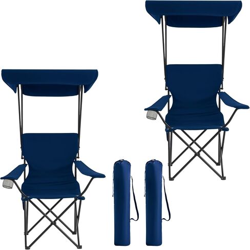 Portable Camping Chair 2 Pack with Foldable Canopy, Folding Outdoor Chair with Cup Holder & Side Pocket for Camping, Hiking, Picnic, Beach (Black) in Kuwait