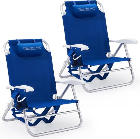 Old Bahama Bay 2 Pack 7-Position Lay-Flat Beach Chair, Lightweight Aluminum Frame Reclining Backpack Chair with Padded Headrest, Cup Holder & Storage Bag, Heavy Duty Support for Tanning & Camping Blue in Saudi Arabia