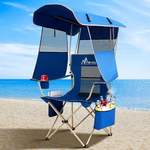 MENOLY Camping Chair with Shade Canopy, Folding Canopy Chair with Cooler Bag for Outdoor Sports, Lawn Chairs with Extra Storage Space, Sturdy Steel Frame for Camping, Beach, Tailgates, Fishing in Kuwait