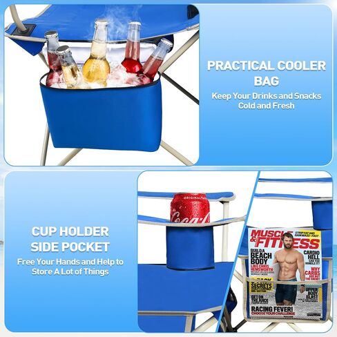 MENOLY Camping Chair with Shade Canopy, Folding Canopy Chair with Cooler Bag for Outdoor Sports, Lawn Chairs with Extra Storage Space, Sturdy Steel Frame for Camping, Beach, Tailgates, Fishing in Kuwait