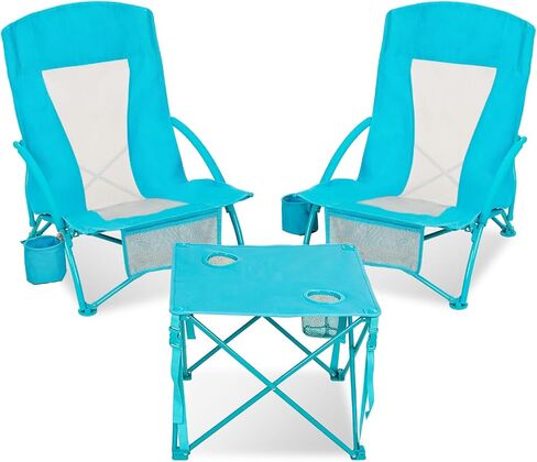 Folding Beach Chair Set of 3, Portable Camping Chairs with Table, Carrying Bag, Cup Holders, Outdoor Breathable Mesh Seat, 225lbs Heavy Duty Beach Chair for Camp Sand Travel Sunbathing in Saudi Arabia