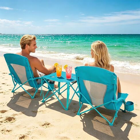Folding Beach Chair Set of 3, Portable Camping Chairs with Table, Carrying Bag, Cup Holders, Outdoor Breathable Mesh Seat, 225lbs Heavy Duty Beach Chair for Camp Sand Travel Sunbathing in Saudi Arabia