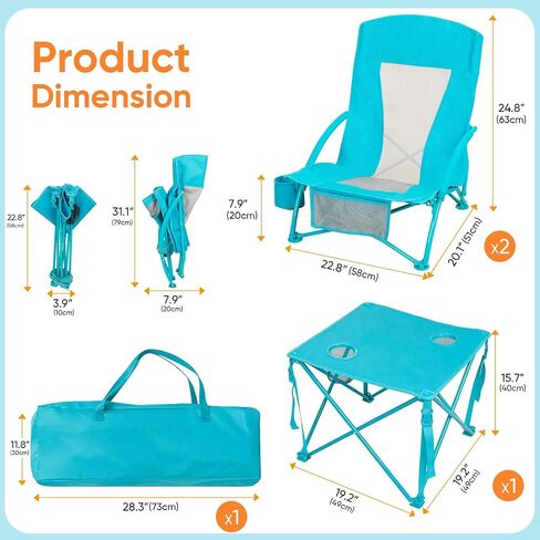 Folding Beach Chair Set of 3, Portable Camping Chairs with Table, Carrying Bag, Cup Holders, Outdoor Breathable Mesh Seat, 225lbs Heavy Duty Beach Chair for Camp Sand Travel Sunbathing in Saudi Arabia