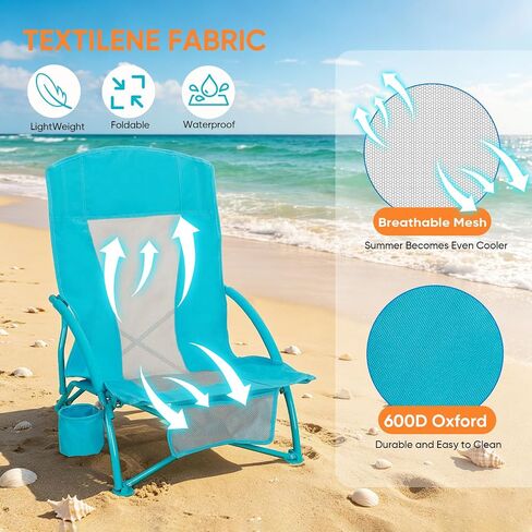 Folding Beach Chair Set of 3, Portable Camping Chairs with Table, Carrying Bag, Cup Holders, Outdoor Breathable Mesh Seat, 225lbs Heavy Duty Beach Chair for Camp Sand Travel Sunbathing in Saudi Arabia