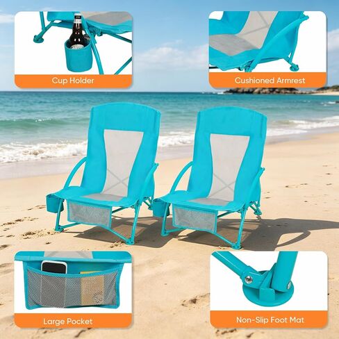 Folding Beach Chair Set of 3, Portable Camping Chairs with Table, Carrying Bag, Cup Holders, Outdoor Breathable Mesh Seat, 225lbs Heavy Duty Beach Chair for Camp Sand Travel Sunbathing in Saudi Arabia