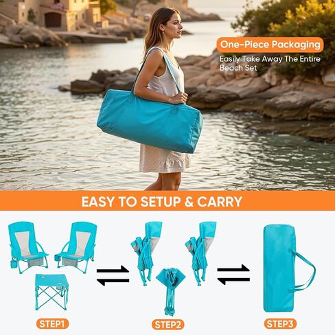 Folding Beach Chair Set of 3, Portable Camping Chairs with Table, Carrying Bag, Cup Holders, Outdoor Breathable Mesh Seat, 225lbs Heavy Duty Beach Chair for Camp Sand Travel Sunbathing in Saudi Arabia