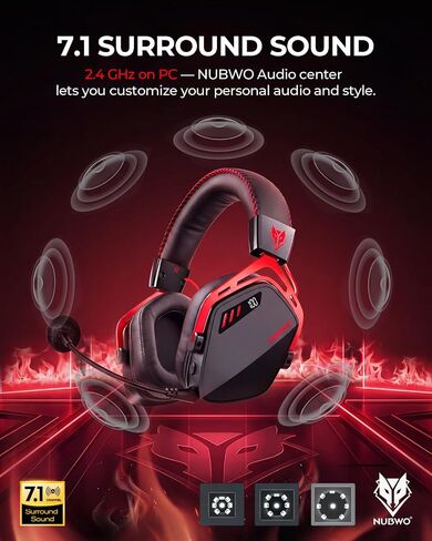NUBWO HG08 Wireless Gaming Headset for PC - 7.1 Surround Sound with Companion App, Cardioid Mic, 100-Hr Battery, 2.4GHz Low Latency, Works on PC Mac, PS4, PS5, Smartphone - Black Red in Saudi Arabia