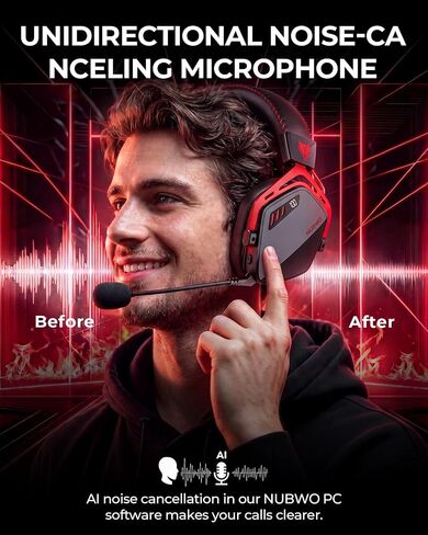NUBWO HG08 Wireless Gaming Headset for PC - 7.1 Surround Sound with Companion App, Cardioid Mic, 100-Hr Battery, 2.4GHz Low Latency, Works on PC Mac, PS4, PS5, Smartphone - Black Red in Saudi Arabia