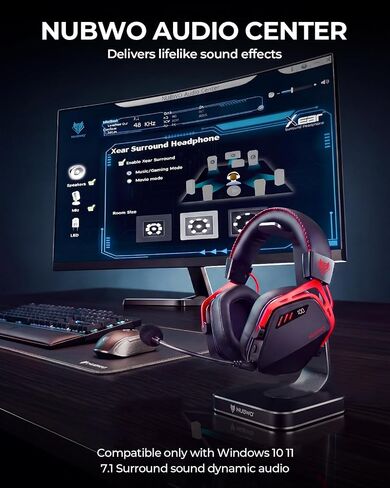 NUBWO HG08 Wireless Gaming Headset for PC - 7.1 Surround Sound with Companion App, Cardioid Mic, 100-Hr Battery, 2.4GHz Low Latency, Works on PC Mac, PS4, PS5, Smartphone - Black Red in Saudi Arabia