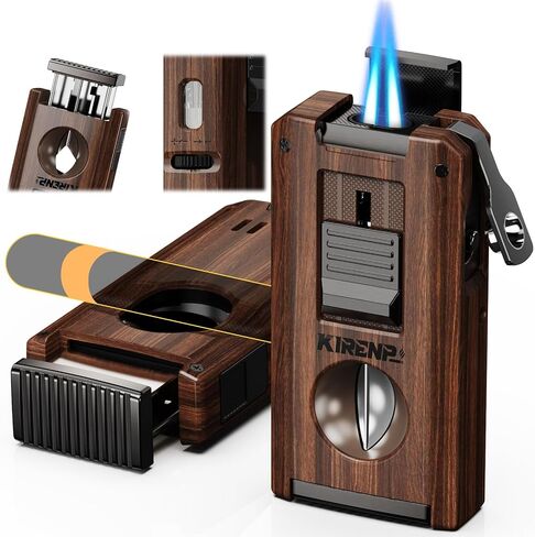 5-in-1 Multi-Torch Lighter with Dual Jet Flames, Auto-Pop Straight & V-Shape Shear, Punch, Holder, with Gift Box for Men, Refillable Butane Cool Lighters for Candle, Camping, Travel in Kuwait