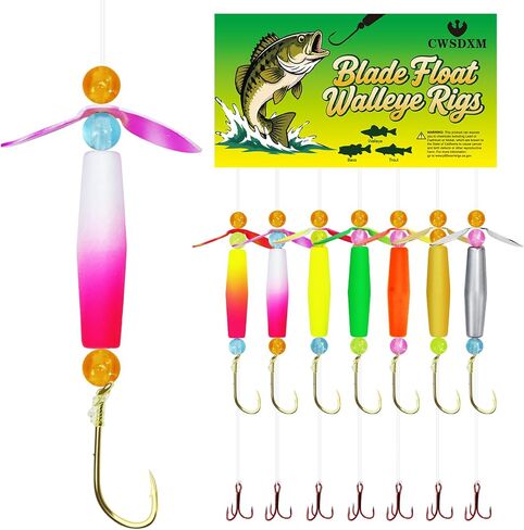 7 Pack Crawler Harness Walleye Rigs with Dual-Wing Blade, 41.5LB 39.4in Float Walleye Spinner Rig, 2-Hook Pre-Tied Worm Harness for Slow Trolling, Bass Trout Fishing in Saudi Arabia