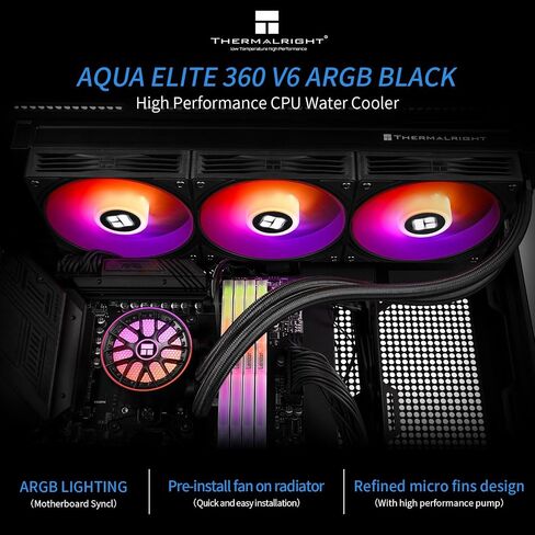 مبرد وحدة المعالجة المركزية Thermalright TR Aqua Elite 360 ​​V6 ARGB Black AIO CPU، مراوح تبريد ARGB PWM مع 2000 دورة في الدقيقة، لـ Intel Lga1150/1151/1155/1156/1200/1700/1851، AMD: AM4/AM5، حافظة مشعاع AIO مقاس 360 مم in Kuwait