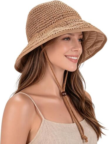 Women's Straw Sun Hat, Wide Brim Packable Bucket Hat for Summer Beach in Kuwait