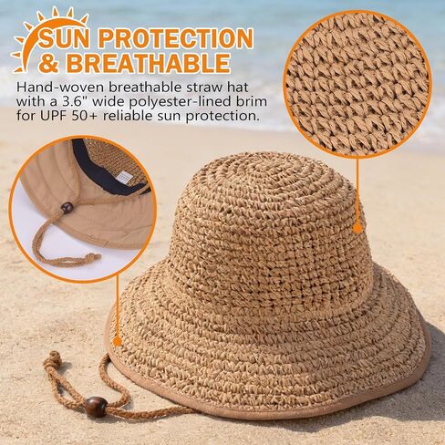 Women's Straw Sun Hat, Wide Brim Packable Bucket Hat for Summer Beach in Kuwait