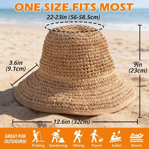 Women's Straw Sun Hat, Wide Brim Packable Bucket Hat for Summer Beach in Kuwait