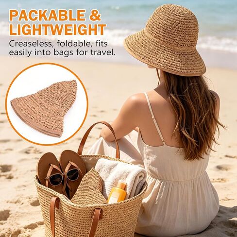 Women's Straw Sun Hat, Wide Brim Packable Bucket Hat for Summer Beach in Kuwait