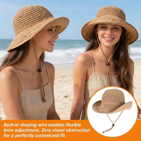 Women's Straw Sun Hat, Wide Brim Packable Bucket Hat for Summer Beach in Kuwait