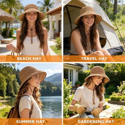Women's Straw Sun Hat, Wide Brim Packable Bucket Hat for Summer Beach in Kuwait
