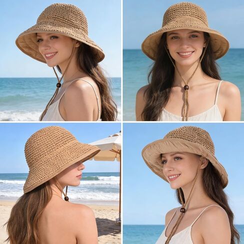 Women's Straw Sun Hat, Wide Brim Packable Bucket Hat for Summer Beach in Kuwait