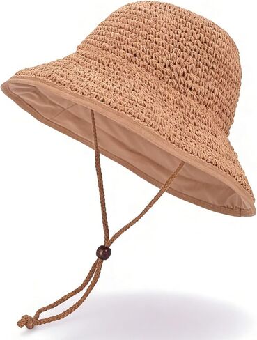 Women's Straw Sun Hat, Wide Brim Packable Bucket Hat for Summer Beach in Kuwait
