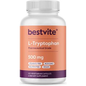 BESTVITE L-Tryptophan 500mg per Capsule (120 Vegetarian Capsules) - No Stearates - No Silica - No Gelatin - Vegan - Gluten Free - Non GMO