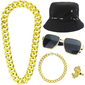 Fraiieon 80s 90s Hip Hop Costume Outfit Set - Perfect Party Decorations with Adjustable Hat, Sunglasses, Chain,Bracelet & Ring 5pcs Rapper Themed Old School Party Decorations Halloween Accessories