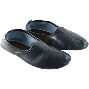 Women's Indoor Leather Slippers Dark Blue Traditional Babouche House Shoes Barefoot Moccasin Tai Chi Shoes