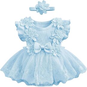 FYMNSI Infant Newborn Girl Clothes Ribbed Lace Ruffle Floral Romper Dress + Headband First Birthday Outfit Girls Summer Dress