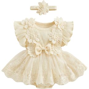 FYMNSI Infant Newborn Girl Clothes Ribbed Lace Ruffle Floral Romper Dress + Headband First Birthday Outfit Girls Summer Dress