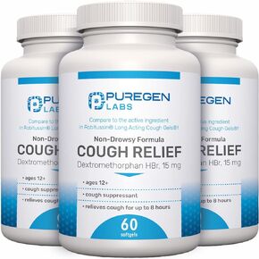 P Puregen Labs Cough Relief for Adults Dextromethorphan HBr 15mg | 8-Hour, Non-Drowsy, Long-Lasting Bronchial Suppressant | Ages 12+ | Compare to Robafen and Robitussin - 3 Pack | Total 180 Softgels