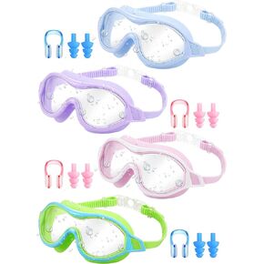 4 Packs Adult Swim Goggles Anti Fog UV Protection No Leak Pool Goggles Wide Vision Swimming Goggles with Soft Silicone Gasket Macaron Colors Swimming Glasses with Ear Plugs Nose Clip Set for Women Men