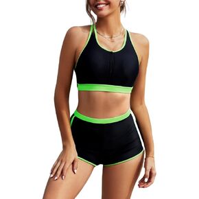 Adisputent Womens High Waisted Bikini Zipper High Neck Color Block Swimsuits Tummy Control Boyshorts Two Piece Bathing Suits